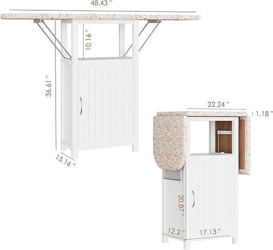 Ironing Board with Storage Cabinet, Folding Ironing Board with Extra Storage, Solid Wood Fold Down Ironing Station with Heat-Resistant Sponge for Small Spaces, Laundry Room (Antique White)