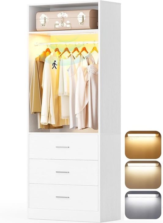 2FT Closet System with 3CCT Sensor Light, 24" Closet Organizer with 3 Wooden Drawers, Closet Systems with Hanging Rod & Top Storage, Small Closets Wardrobe for Walk-in Closets, White