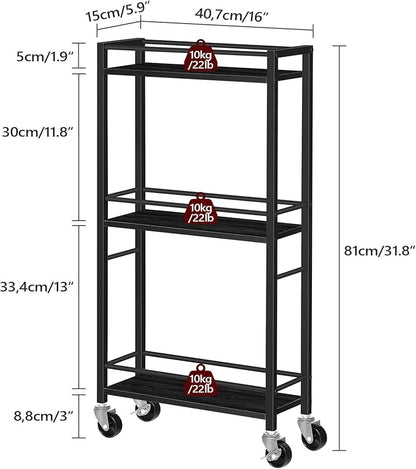 Slim Rolling Cart, Mobile Kitchen Cart on Wheels, Narrow Storage Cart for Small Space, Wooden Service Cart, for Bathroom, Laundry, Living Room, Black RCHB1501
