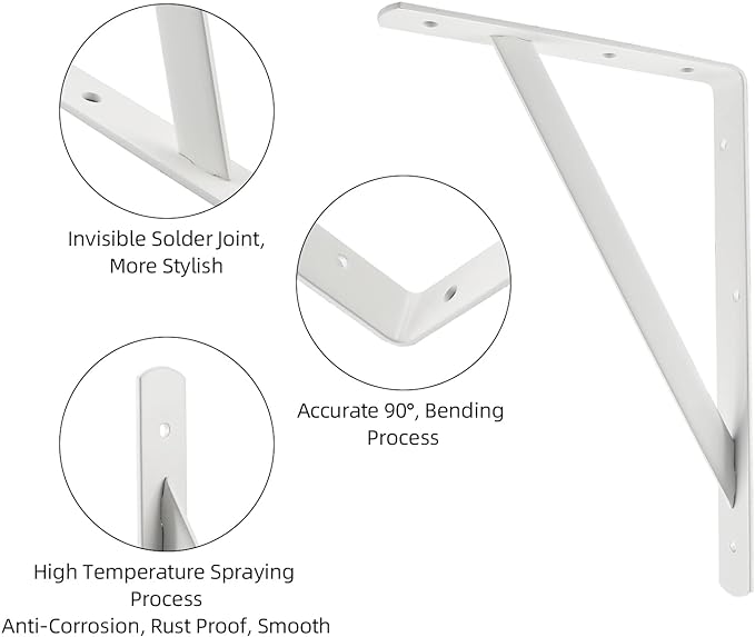 HOME MASTER HARDWARE 12 x 8 inch Heavy Duty Shelf Brackets, Load Capacity: 600lb, 10-Pack White Metal L Supports for Wall Mounted Wood Shelving, Shelves Bracket with Screws