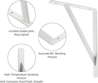 HOME MASTER HARDWARE 12 x 8 inch Heavy Duty Shelf Brackets, Load Capacity: 600lb, 10-Pack White Metal L Supports for Wall Mounted Wood Shelving, Shelves Bracket with Screws