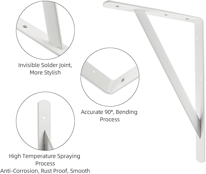 12 x 8 inch Heavy Duty Shelf Brackets, Load Capacity: 600 lb, 2-Pack White Metal L Supports for Wall Mounted Wood Shelving, Shelves Bracket with Screws, HOME MASTER HARDWARE