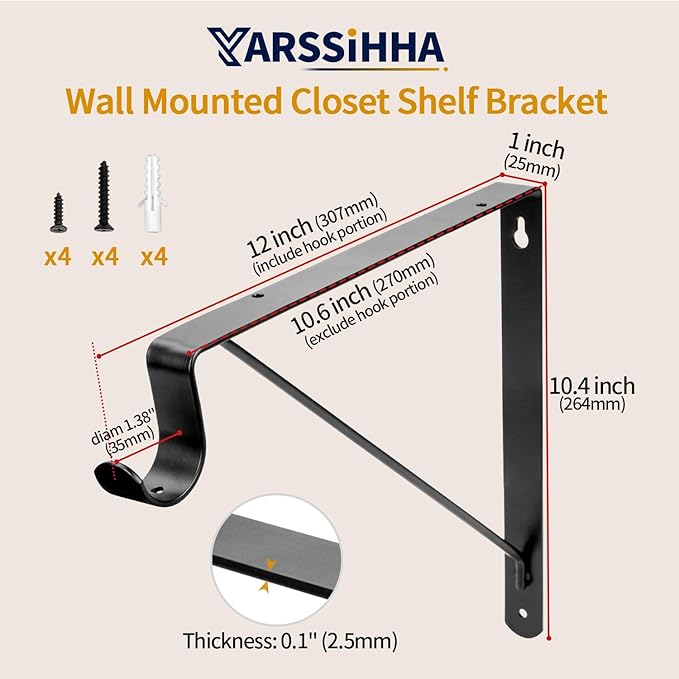 Yarssihha 2 Pack Closet Rod Bracket, 12 x 10.4 Inch Wall Mounted Closet Shelf Bracket, Black Closet Rod Support Bracket with Screws