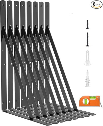 LuckIn 8-Pack Heavy Duty Shelf Bracket, 18 Inch Wall Shelf Brackets with 90 Degree Triangle, 250 LBS Max Load, Mounting Hardware Included, Black