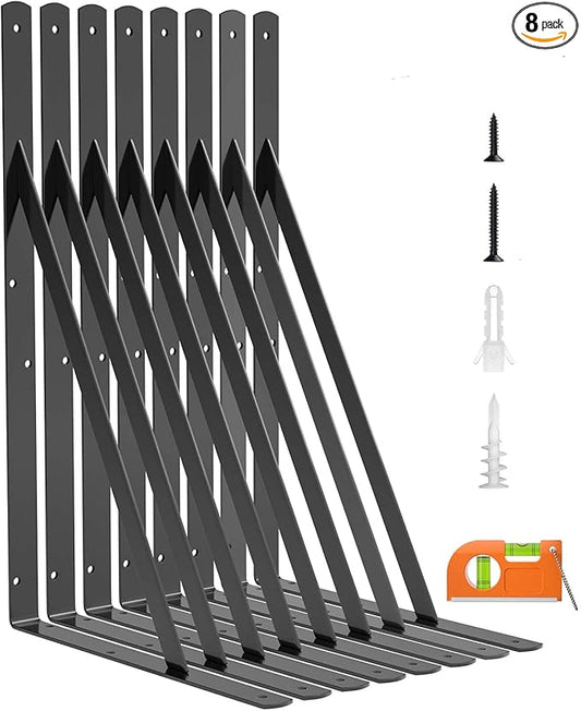 LuckIn 8-Pack Heavy Duty Shelf Bracket, 18 Inch Wall Shelf Brackets with 90 Degree Triangle, 250 LBS Max Load, Mounting Hardware Included, Black