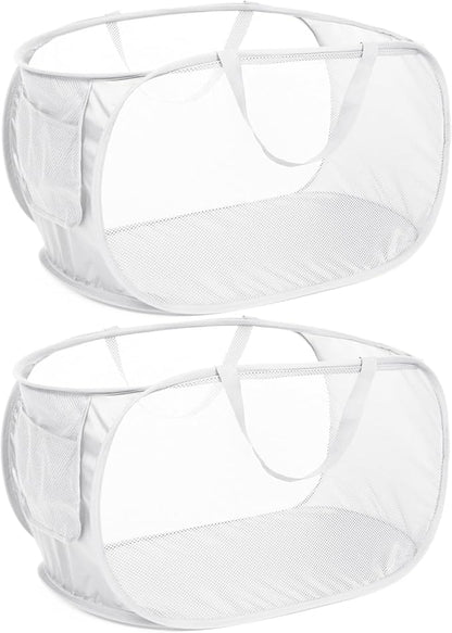 Strong Mesh Pop Up Laundry Basket, Collapsible Laundry Hamper with Side Pocket, Foldable Clothes Hamper with Durable Reinforced Handles for Laundry, Bathroom, Kids Room, Dorm or Travel 2 Pack White