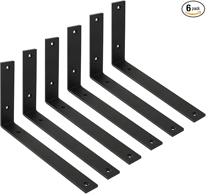 WINKER Shelf Bracket 6 Pack 10" Lx6 Hx1.5 W 5mm Thick Heavy Duty Black 10 Inch Metal Iron L Brackets for Wall Shelves