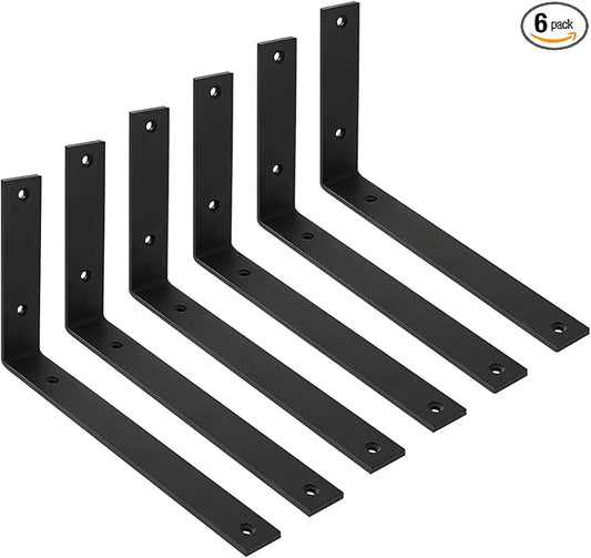 WINKER Shelf Bracket 6 Pack 10" Lx6 Hx1.5 W 5mm Thick Heavy Duty Black 10 Inch Metal Iron L Brackets for Wall Shelves