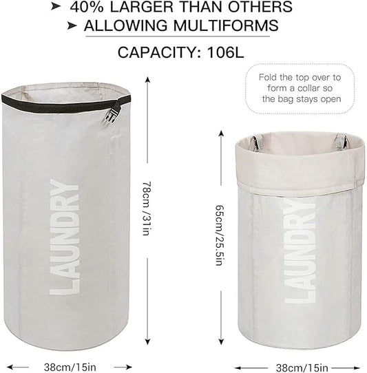 WOWLIVE Extra Large Foldable Laundry Bag Laundry Basket Collapsible Laundry Hamper Backpack Liner Dirty Clothes Hamper Standing Waterproof Hampers for Dorm Room (Beige)