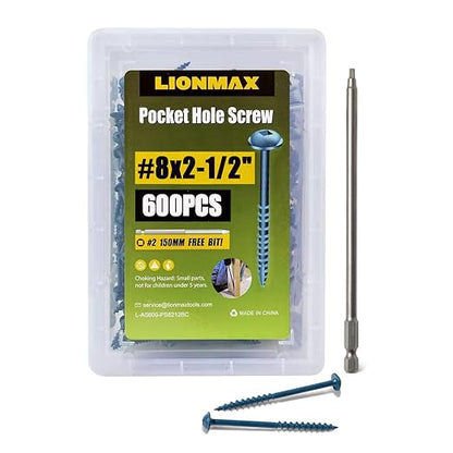 LIONMAX Pocket Hole Screws, #8 x 2-1/2" Exterior Pocket Screws 600PCS, Blue Coated for Weather Resistant, Coarse Thread, Washer Head with Square Drive, 150MM Drive Bit Included