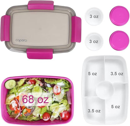 Caperci Large Salad Container Bowl for Lunch - Better Adult Bento Lunch Box 68 oz, 5-Compartment Tray, 2pcs 3-oz Sauce Cups, Stackable, BPA-Free (Purple)