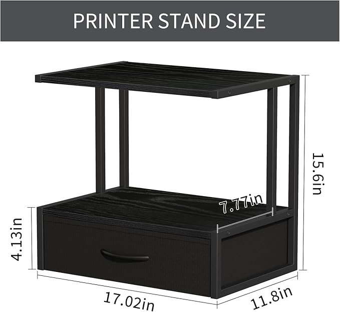 Printer Stand with Storage for Desk, with Fabric Drawer Desktop Printer Stand Shelf Organzier for Home Office, for Above and Under Desk Printer Table, Fax Machine Copier Scanner, Black
