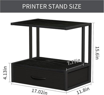 Printer Stand with Storage for Desk, with Fabric Drawer Desktop Printer Stand Shelf Organzier for Home Office, for Above and Under Desk Printer Table, Fax Machine Copier Scanner, Black