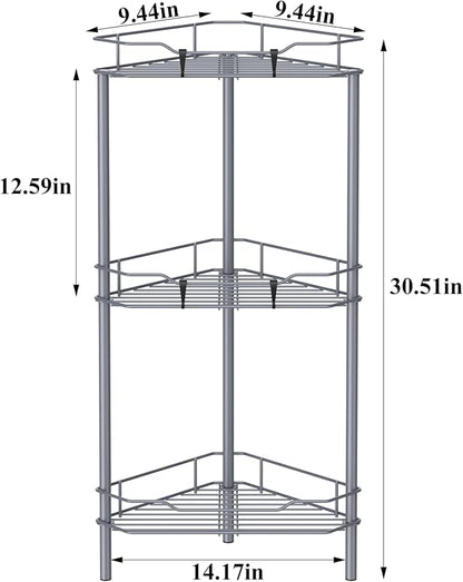 3 Tier Floor Standing Corner Shower Caddy Organizer Shelf with Hooks, Bathroom Shelves Stand Rack, Dark Gray
