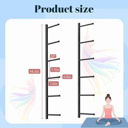 Yoga Mat Holder Wall Mount with 12 Straps, 6 Tier Metal Yoga Mat Storage Rack Home Gym Exercise Workout Equipment Organizer for Foam Roller Resistance Bands