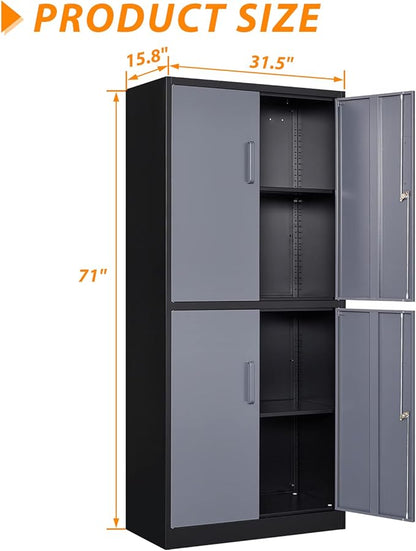 Metal Storage Locking Cabinet, 71" Tall Metal Cabinet with 4 Doors and 2 Adjustable Shelves, Locking Steel Cabinet for Home, School, Office, Gym, Garage Storage (Black Grey)