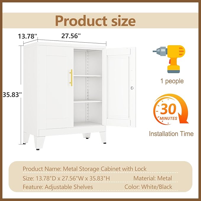 36" Metal Floor Storage Cabinet, Locked Steel Storage Cabinets with 2 Doors and 2 Adjustable Shelves, White Kitchen Cabinet, Freestanding Cabinet for Home/Office/Garage/Tool Room/Bathroom