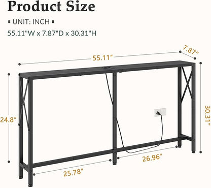 55.1" Narrow Sofa Table, Console Table with Oulets & USB Ports, Entryway Table, Industrial Couch Table for Hallway, Living Room, Bedroom, 6.5 Feet Power Cord,Black