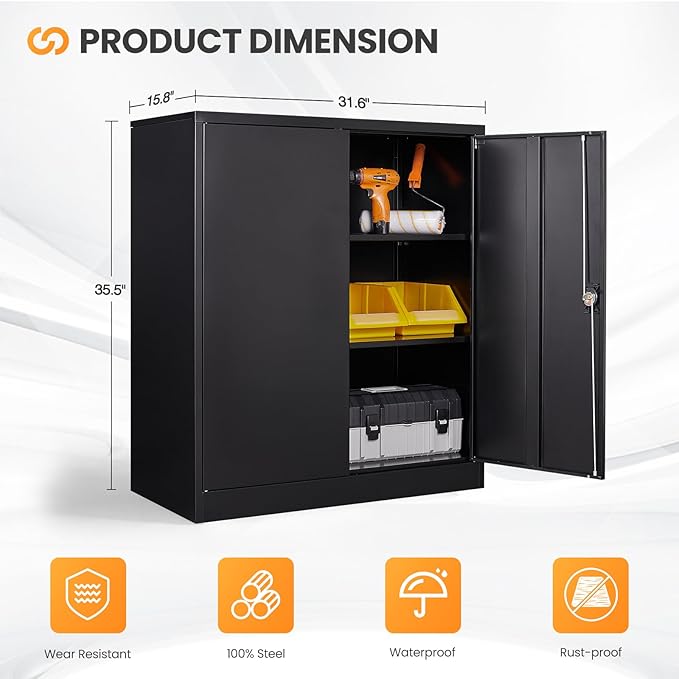 Metal Garage Storage Cabinets with Lock, 36" Tall Tool Cabinet with 2 Door and 2 Adjustable Shelves, Locking Garage Cabinets and Lockable Steel Locker for Home Office Warehouse - (Black-36”H)