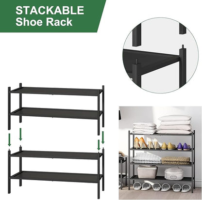 2-Tier Black Bamboo Shoe Rack, Stackable Bamboo Wood Shoe Rack for Closet, Entryway & Hallway