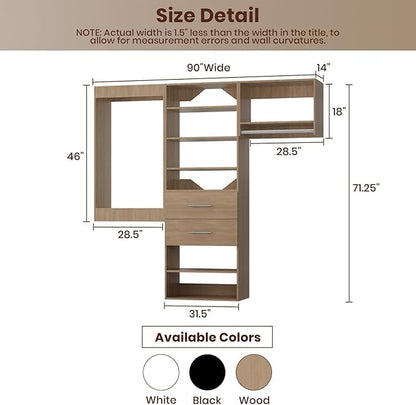 ROOMTEC Modular Closet System, 90" Wall Mounted Modern Closet Organizer with Hanging Rods and Drawers, Wooden Tower for Walk-In Closets, Wardrobe Storage Kit, Wood
