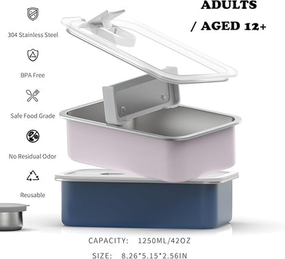 Stainless Steel Bento Lunch Box for Adult, 42oz Leak-Proof Lunch Box Containers, Microwave-Safe, with Adjustable Divider, Convenient Metal Lunchbox for Work, Travel