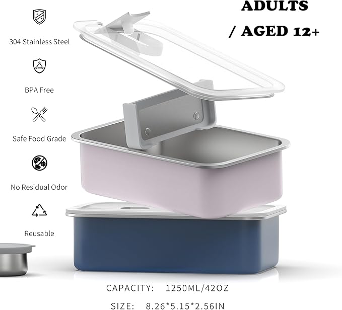 Stainless Steel Bento Lunch Box for Adult, 42oz Leak-Proof Lunch Box Containers, Microwave-Safe, with Adjustable Divider, Convenient Metal Lunchbox for Work, Travel