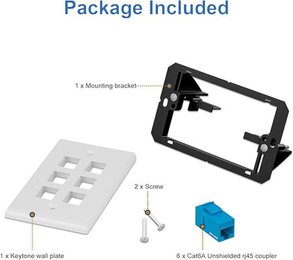 Iwillink 10Gbps Ethernet Wall Plate CAT6A, 6-Port Keystone Wall Plate and Jack Outlet, RJ45 Wall Plates with Single Gang Low Voltage Mounting Bracket - 1 Pack