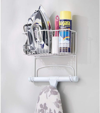 mDesign Wall Mounted Ironing Board Holder - Steel Ironing Board Rack for Easy Organisation - Includes Basket for Iron Storage - White