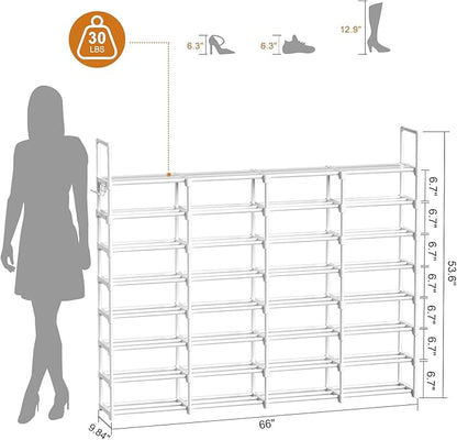 WOWLIVE Extra Large Shoe Rack, 4 Rows 8 Tier 56-64 Pairs Big Tall Metal Shoe Organizer, Stackable, Large Capacity Boot Rack Storage Organizer for Entryway, Closet, Garage, White