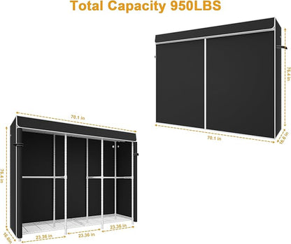E14C Pro Heavy Duty Closet Organizer System，Freestanding Clothing Racks for Hanging Clothes，Adjustable Garment Rack 70.1"W × 16.6"D × 76.4"H Hold 960 lbs，White Rack with Black Dustproof Cover