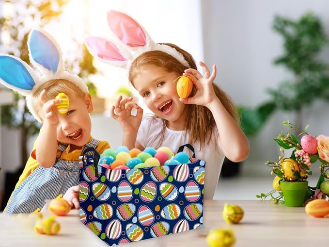 Essme Rectangular Easter Baskets,Bule Bins with Handles for Easter Decor,Shelf Basket,Toy Organizer,Easter Gift.（Bule Easter）