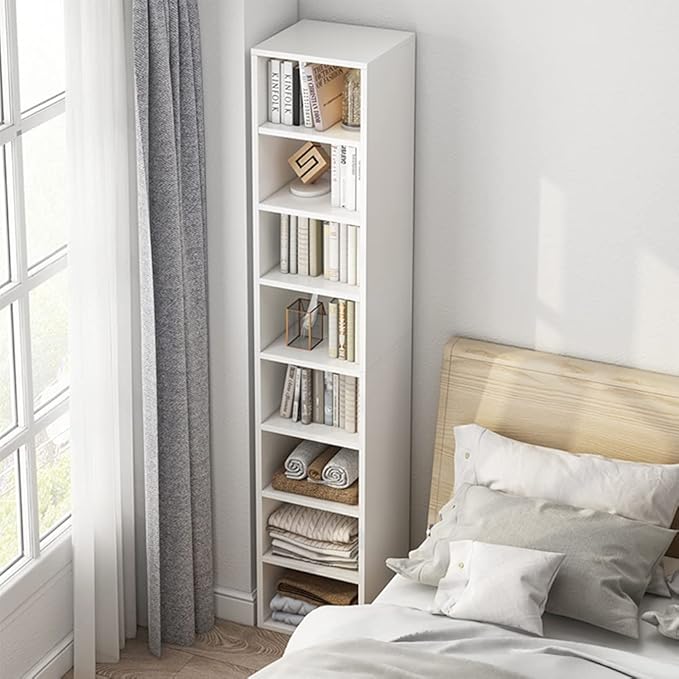 IOTXY Small Narrow Corner Bookcase - 71 Inches Tall Gap Freestanding Storage Cabinet, 7 Lattices Open Shelves Tower Rack with Door, Cubes Bookshelf in White