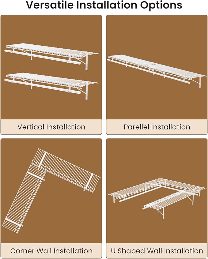 2 Pack Closet Shelves with Triangular Brackets and Hanging Rod, 4FT X 12IN Wall Mounted Wire Shelving Orgnizer for Closet,Laundry Room,Pantry,Load Up to 150lb, White