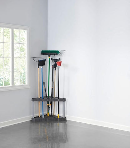 Rubbermaid Plastic Garage Corner Tool Tower Rack, Easy to Assemble, Organizes up to 30 Long-Handled Tools/Rakes/ Brooms/Shovles for Home/House/Outdoor/Sheds