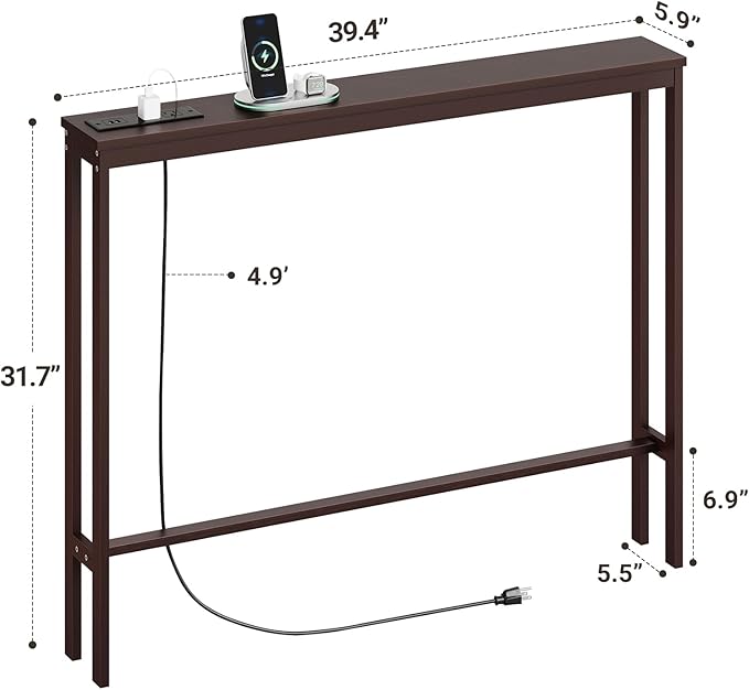 ELYKEN 5.9" Narrow Console Sofa Table with Power Outlets, 5.9" Dx39.4 Wx31.1 H Bamboo Behind Couch Table with Charge Station, Brown