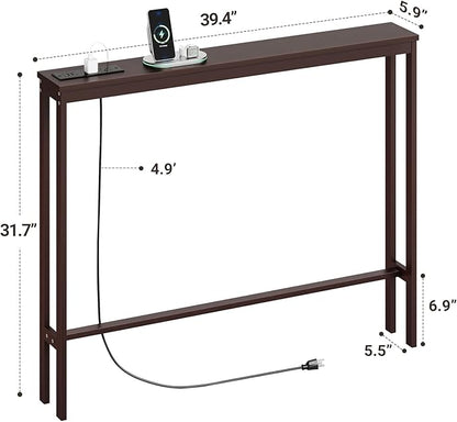 ELYKEN 5.9" Narrow Console Sofa Table with Power Outlets, 5.9" Dx39.4 Wx31.1 H Bamboo Behind Couch Table with Charge Station, Brown