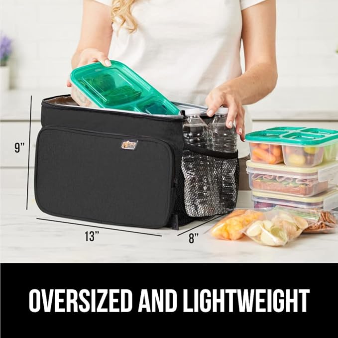 GORILLA GRIP Insulated Lunch Box Bag for Women Men,15L, Leakproof XL Reusable Soft Cooler Bags, Multiple Compartments, Mesh Pockets and Adjustable Strap, Food Tote Keeps Drinks Cold, 13x9, Black