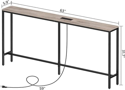 Skinny Console Table with Power Outlets, 63" Narrow Sofa Table, Behind Couch Table with Charging Station, Sofa Hallway Table for Plants, Living Room CTHG165E01