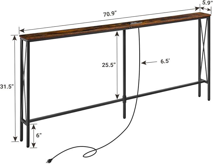ELYKEN 5.9" Narrow Console Sofa Table with Power Outlets, 5.9" Dx70.9 Wx31.5 H Long Skinny Behind Couch Table with Charge Station and 6.5'Extension Cord, Rustic Brown