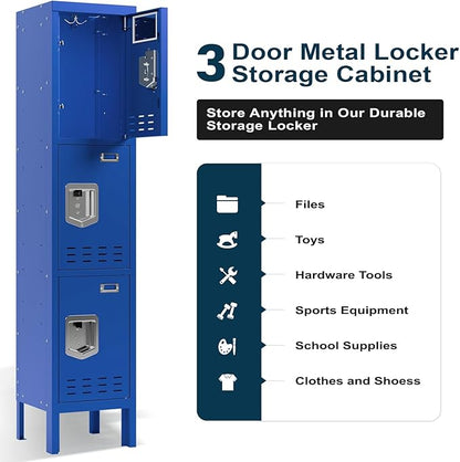 Metal Storage Locker with Lock & Card Slot Locker - Secure Lockable Door - Steel Locker for School, Office, Gym, Home - 66.15" H x 11.8" W x 11.8" D（3 Door, Blue）