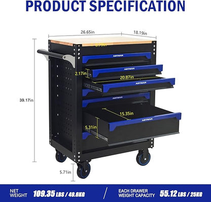 30 inch 7-Drawer Rolling Tool Chest with Wheels, Wood Countertop Heavy Duty Tool Cart, Locking System, Rolling Cabinet for Garage Warehouses, Repair Shops - Requires Assembly (Black&Blue)