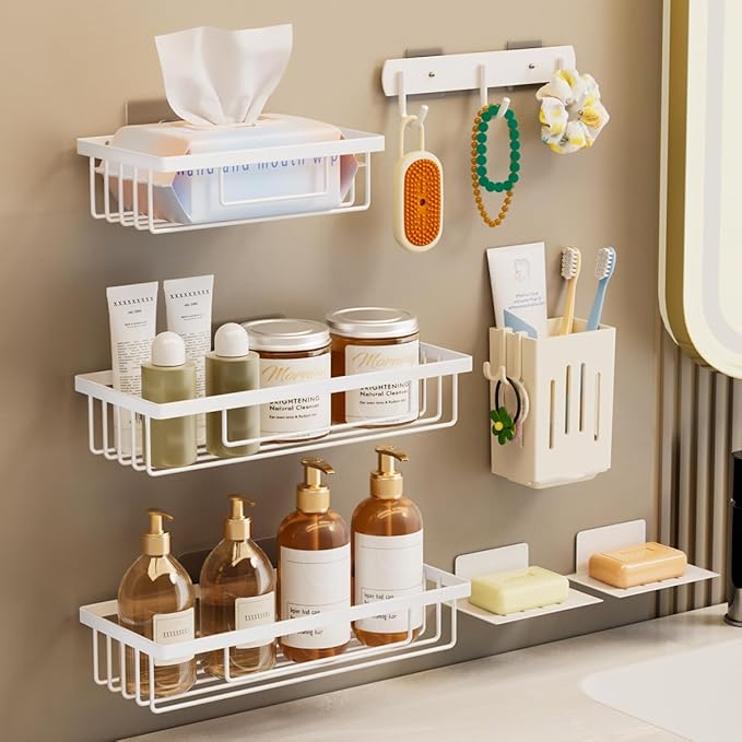 Wall Mounted Bathroom Organizer Set, White, 3-Tier Storage Basket Shelves with Soap Holder, Toothbrush Cup, Hooks for Toiletries, Adhesive Installation