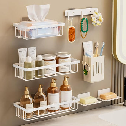Wall Mounted Bathroom Organizer Set, White, 3-Tier Storage Basket Shelves with Soap Holder, Toothbrush Cup, Hooks for Toiletries, Adhesive Installation