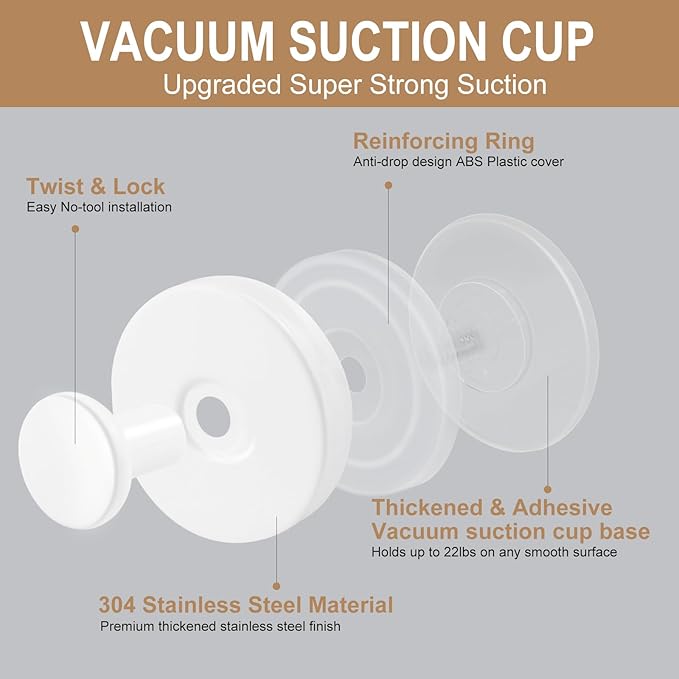 ZESLMG White Suction Cup Hooks for Glass Window, Shower Hook for Inside Shower, Removable Towel Hooks for Bathroom Kitchen Wall Glass Door, Wreaths Loofah Suction Hook for Hanging, 2 Pack