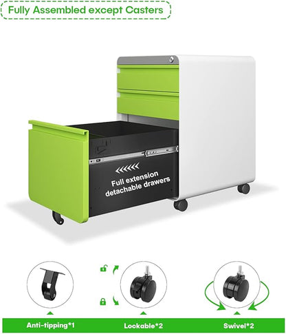 Dripex 3 Drawer File Cabinet, Metal Filing Cabinets with Lock Wheels & Hanging Rail for A4/Legal/Letter File, Anti-tilt Under Desk Design, Lockable Rolling Mobile File Cabinet for Home Office (Green)