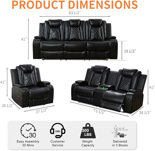 Living Room Furniture Sets, Power Reclining Sofa and Lovseat Set with Reading Light, Leather Recliner Couch Sets, Power Recliner Sofa with LED Storage Console/Cup Holder for Home/Apt/Office