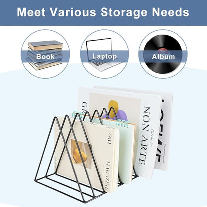 4Pcs Triangle File Holder, 9 Slot Black Magazine Holder, Metal Vinyl Record Storage Stand, Desktop File Organizer Magazine Rack, Bookshelf Organizer for Office Home, Letter Book