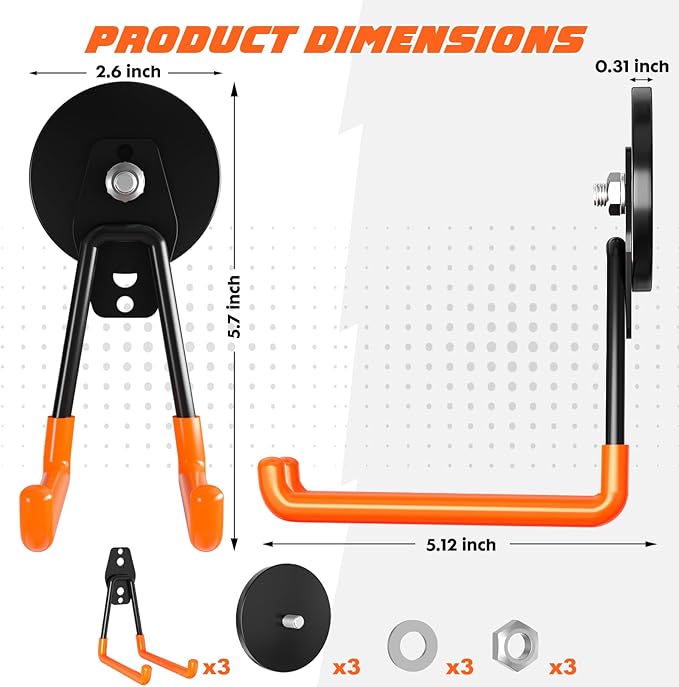 Heavy-Duty Storage Magnetic Hooks，No Need for Drilling, with Anti-Slip Coating, Suitable for Garages, Workshops, Kitchens, Storage Cabinets, RVS, Garden Tool Storage (Orange 3 pcs)
