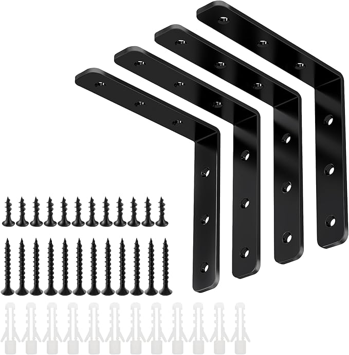 YUMORE L Bracket, 4x4 Inch Max Load: 25lb/12kg Heavy Duty Stainless Steel Solid Shelf Support Corner Brace Joint Right Angle Bracket, Pack of 4, Black